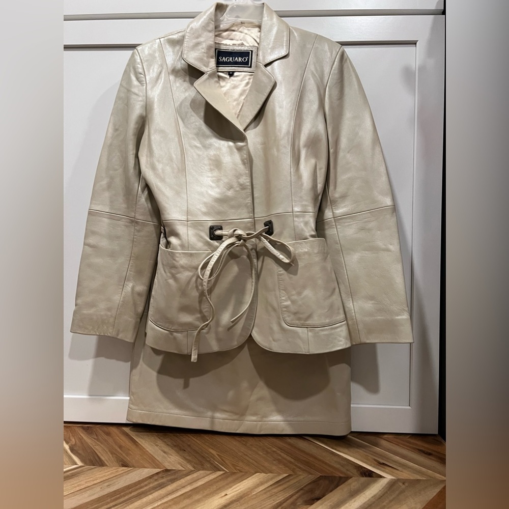 Saguaro leather suit ivory pearl color size M jacket size 8 skirt